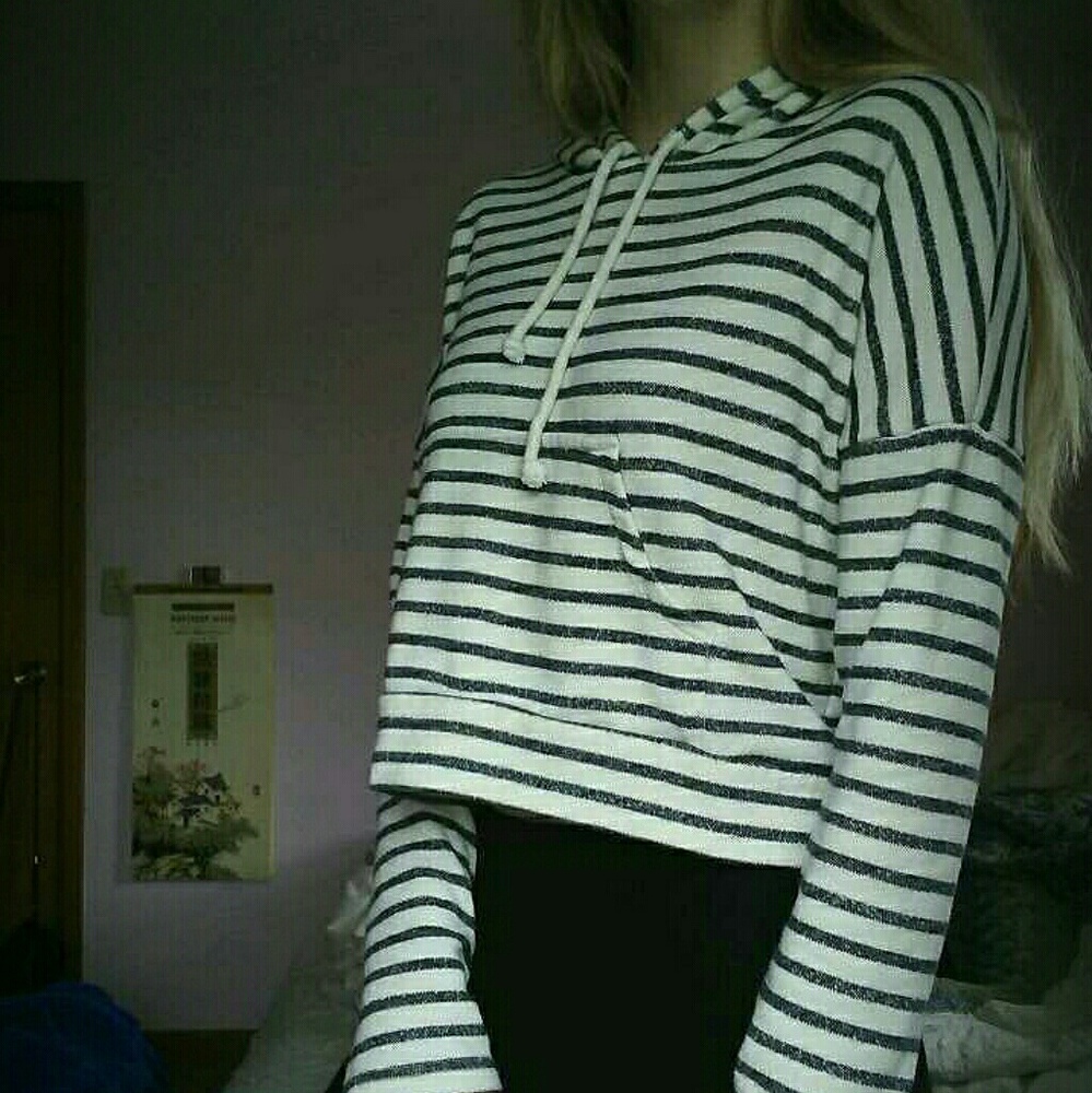 Cropped Navy & White Striped Hoodie
